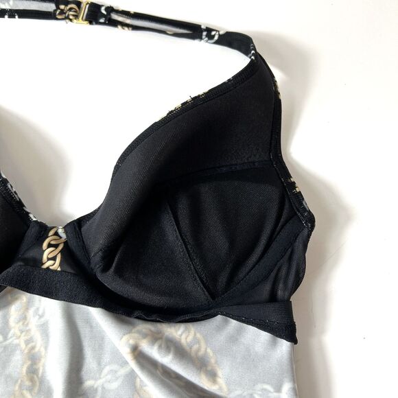 Victoria's Secret Black Silver Gold Chain Print Pushup Halter Tankini Sz 36B - Picture 6 of 12